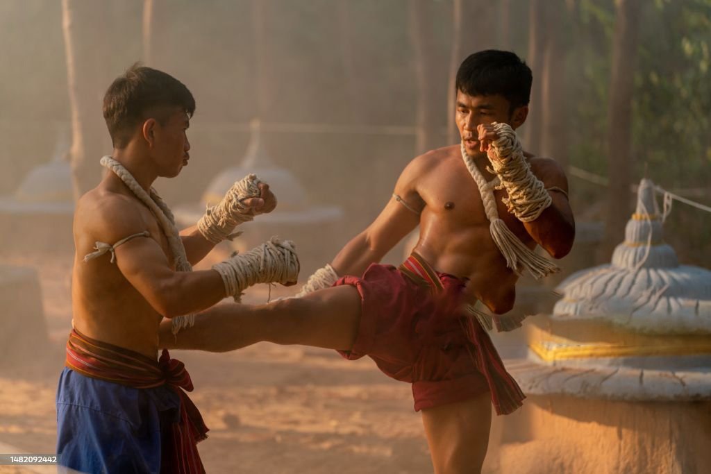 Muay Thai warriors training at golden hour